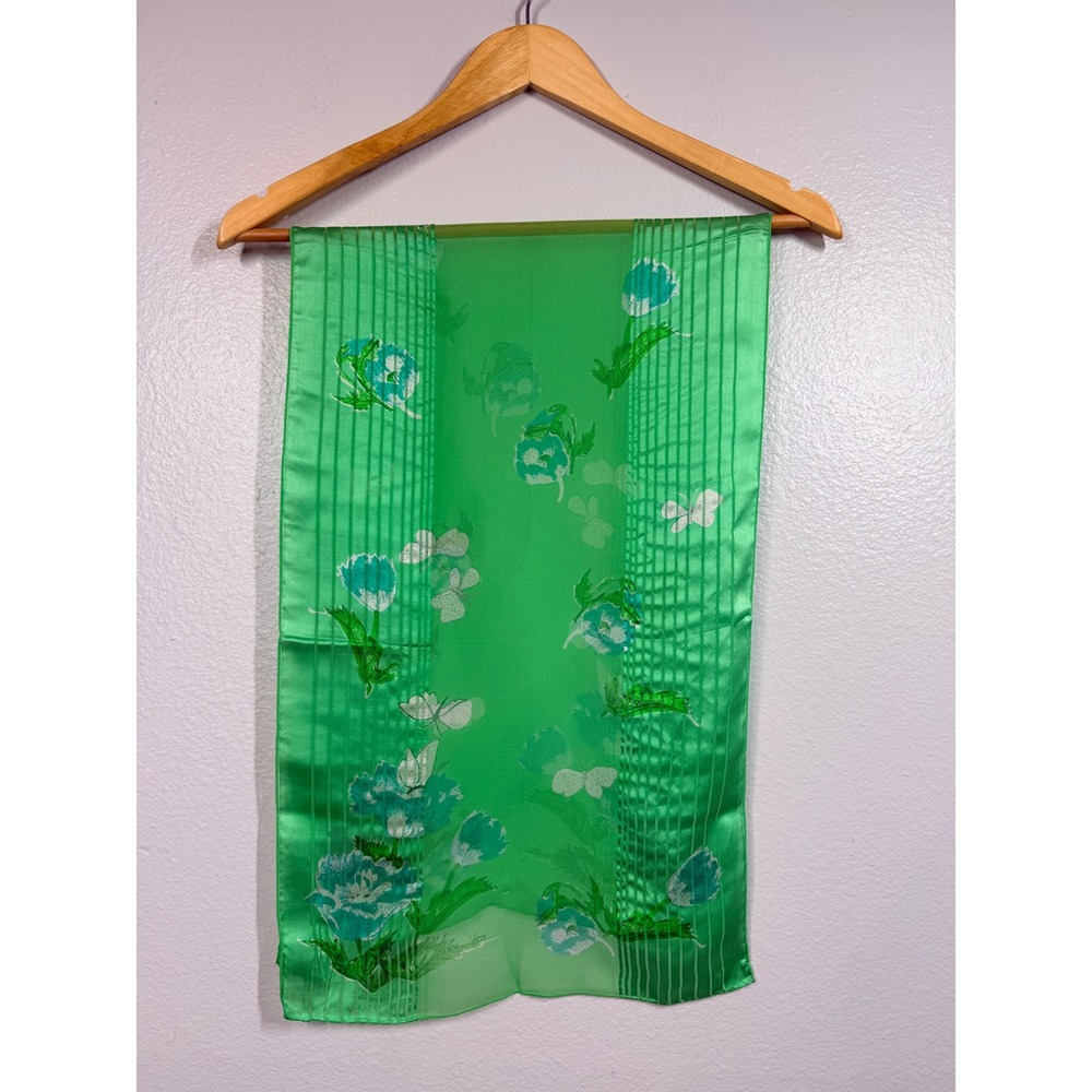 Vera Neumann Scarf Women Green Vintage Floral Silk Blend Verasheer 13x43"